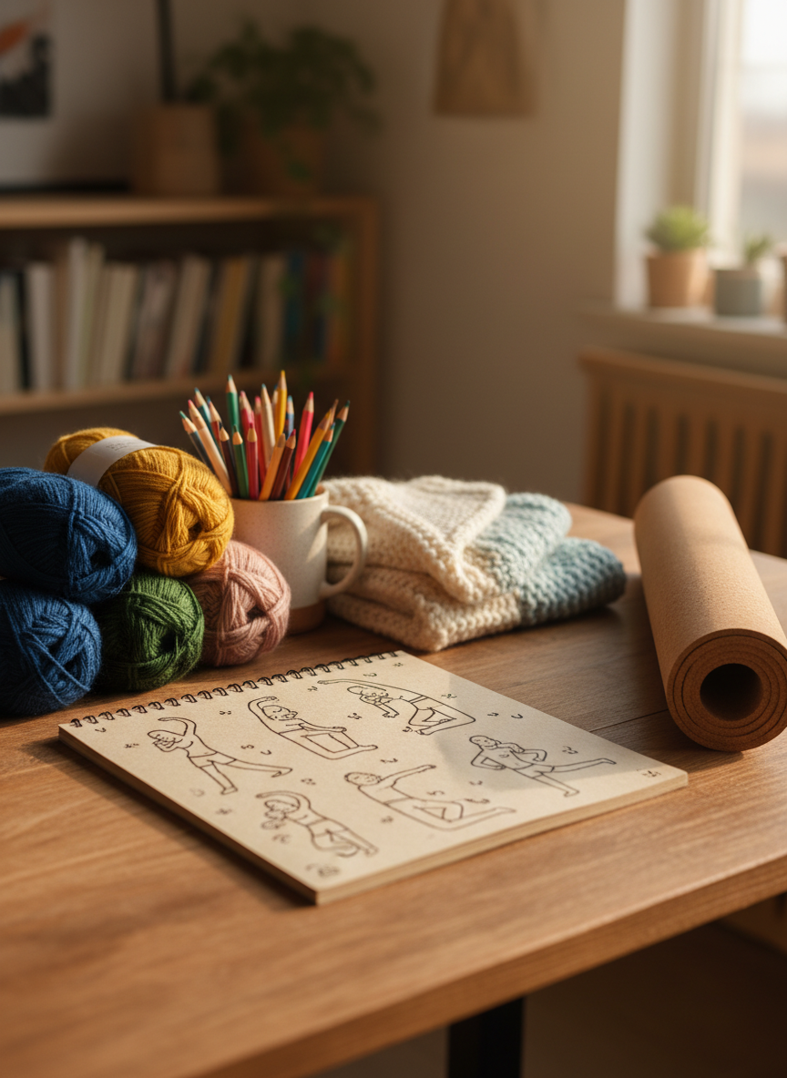 A cozy wooden crafting table covered with neatly arranged supplies: skeins of colorful yarn, sharpened colored pencils in a ceramic cup, a soft folded knitted scarf, and a slim rolled cork yoga mat tucked to one side. Beside the mat sits a well‑used sketchbook open to a page of doodled stretch poses drawn in playful lines. Soft morning light pours through an unseen window, casting gentle shadows and warm highlights across the textured wood grain. Photographic realism with a slightly elevated, three‑quarter angle and shallow depth of field, keeping the foreground tools crisp while the background blurs into a calm, inviting studio atmosphere that feels playful yet purposeful.