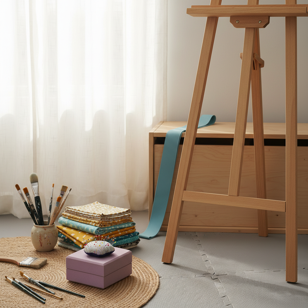 A sunlit corner of a small home studio where a sturdy wooden easel stands beside a long, pale‑blue resistance band draped over a low storage bench. On the floor, interlocking foam tiles meet a woven jute rug scattered with paint‑splattered brushes, tidy stacks of patterned fabric, and a foam yoga block balancing a pin cushion on top. Diffused afternoon light filters through sheer curtains, creating soft highlights on the band’s elastic surface and the easel’s smooth wood. Captured at eye level in photographic realism, the composition uses the rule of thirds, with a bright, airy mood that suggests a playful balance between creative mess and gentle fitness practice.