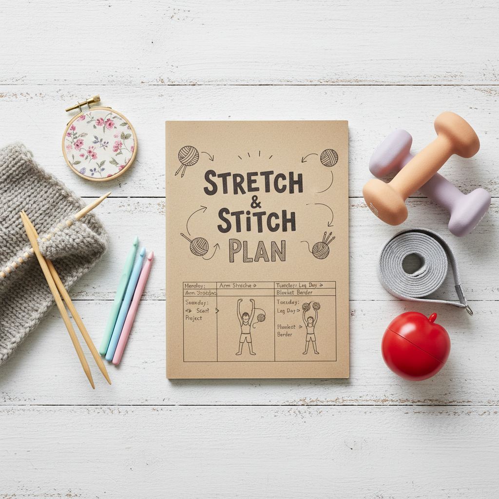 A flat‑lay overhead shot of a rustic whitewashed table, arranged like a playful toolkit for crafty fitness. On one side, a half‑finished knitted swatch with wooden needles, a tiny embroidery hoop, and colorful crochet hooks; on the other, a pair of small hand weights in pastel tones, a neatly folded stretch strap, and a timer shaped like a tomato. In the center lies a kraft‑paper notebook titled “Stretch & Stitch Plan” in handwritten lettering, with doodled arrows linking workouts to projects. Bright natural light from above eliminates harsh shadows, creating a clean, modern photographic look with sharp focus throughout and an energetic yet organized mood.